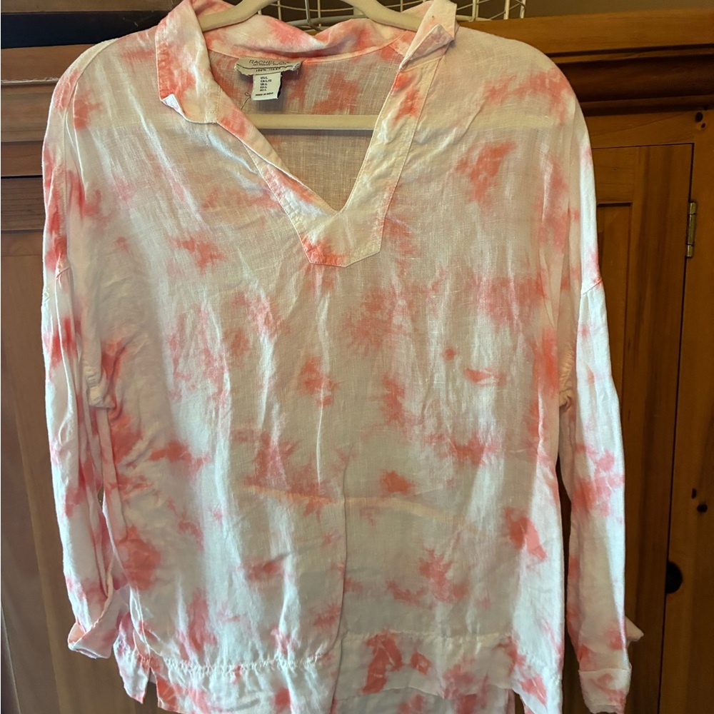 Rachel Zoe White and Pink Tie-Dye V-Neck Linen Blend Blouse